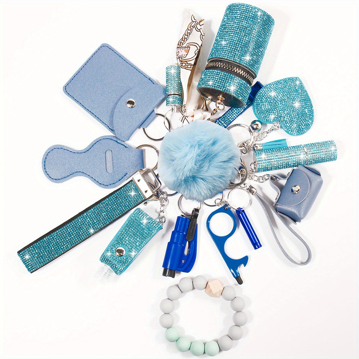 Set of 15 Rhinestone Safety Keychains with Storage Bag and Accessory Kit