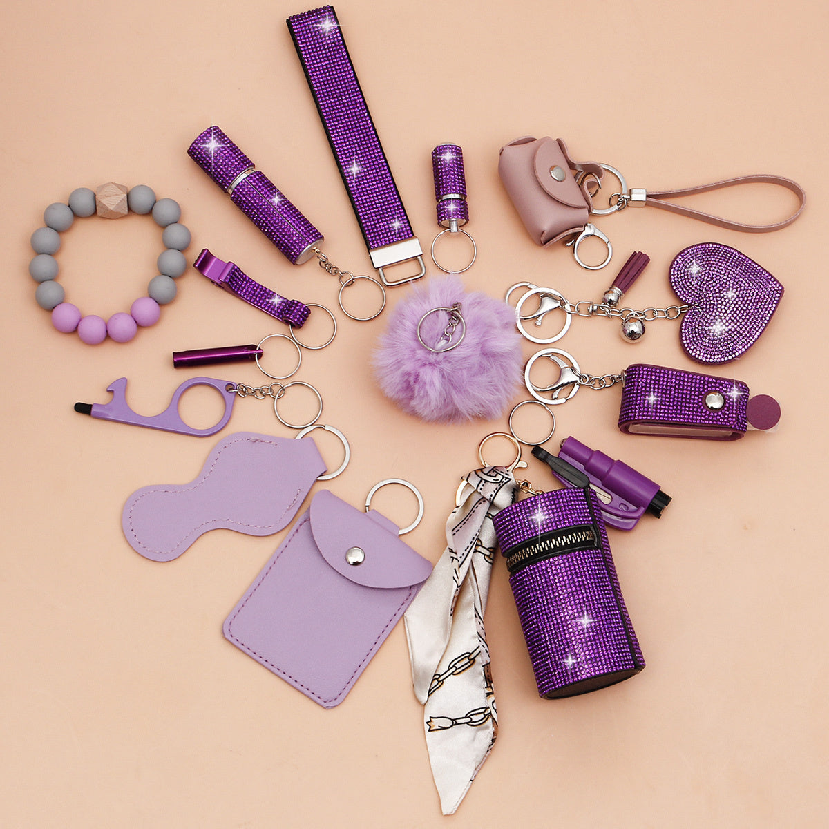 15 ta ayollar uchun xavfsizlik kalit zanjirlar to'plami, porloq rhinestone pendantlari, saqlash sumkasi, yumshoq pompom va karta uskunasi bilan birga.