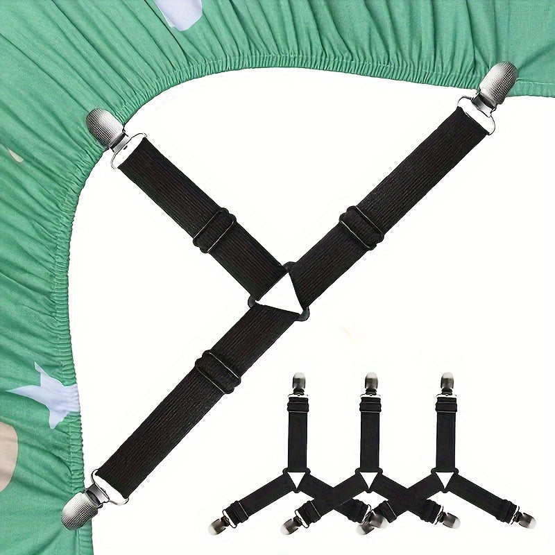 Set of 4 Adjustable Woven Bed Sheet Fasteners with Non-Slip Clips and Elastic Holders