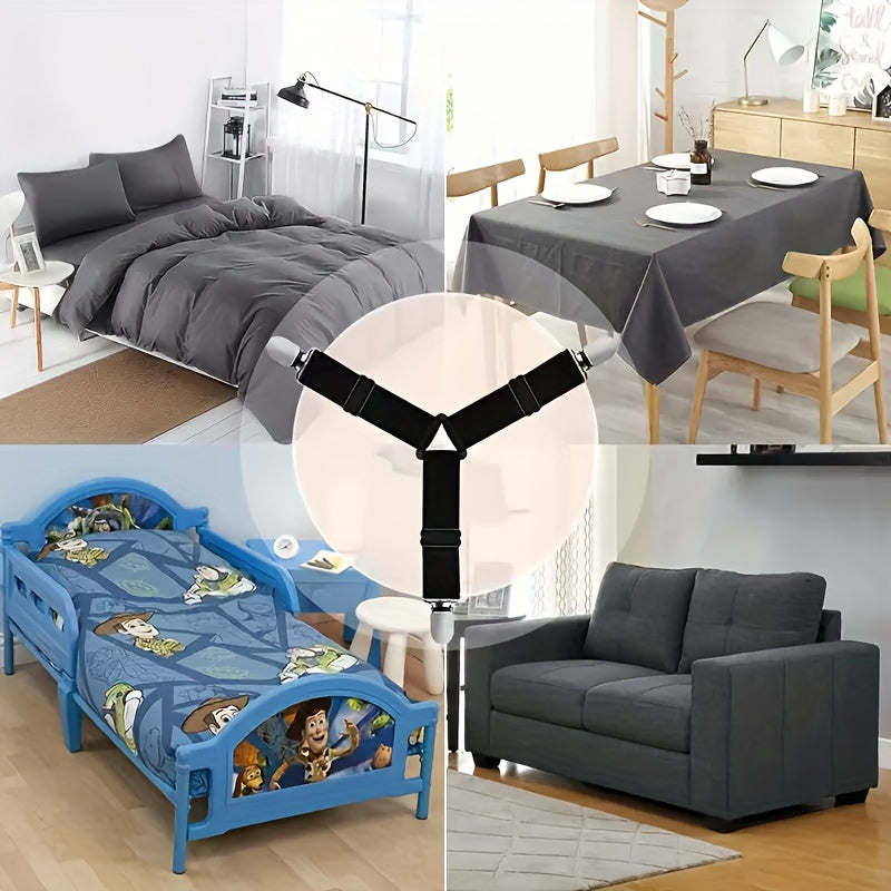 Set of 4 Adjustable Woven Bed Sheet Fasteners with Non-Slip Clips and Elastic Holders