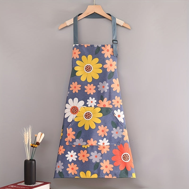 Floral Print Waterproof Oil-Resistant Apron with Large Pocket for Kitchen Garden