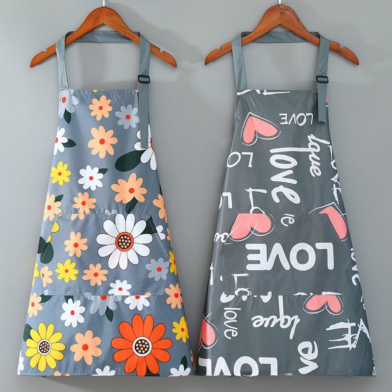 Floral Print Waterproof Oil-Resistant Apron with Large Pocket for Kitchen Garden