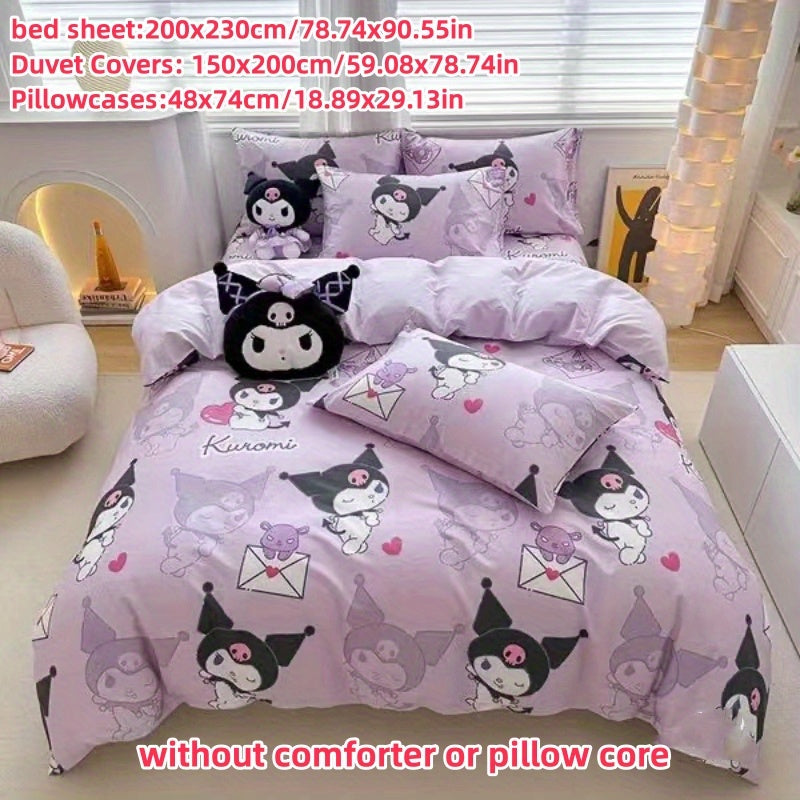 Kuromi Bedding Set 4 Pieces Anime Print Polyester Purple Bed Sheet Duvet Cover Pillowcases