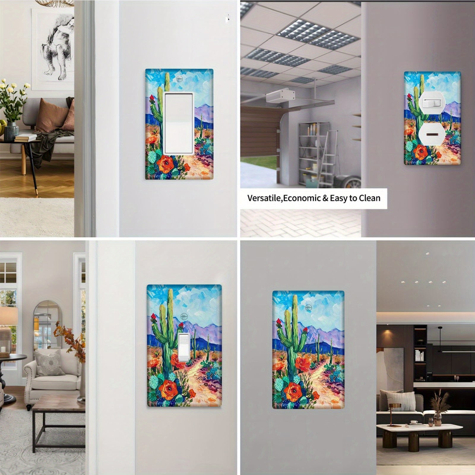 Paneles de arte de pared de cactus con cubierta para interruptor de luz para decoración de dormitorio o cocina