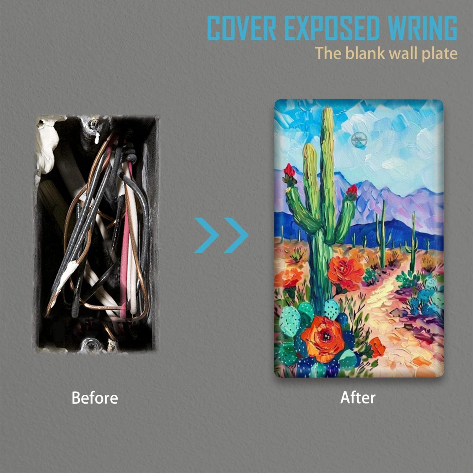 Cactus Wall Art Panels with Light Switch Cover for Bedroom or Kitchen Decor