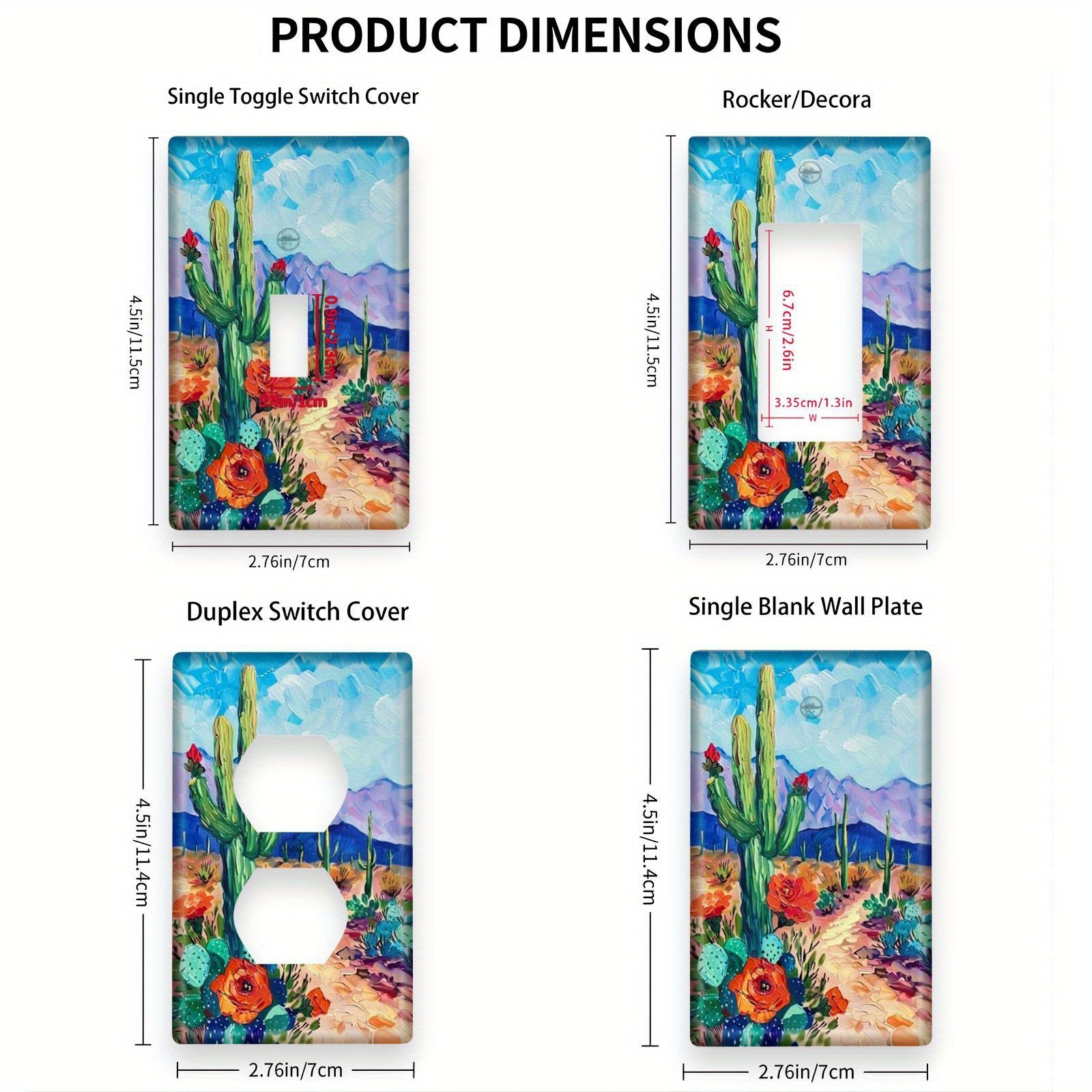 Cactus Wall Art Panels with Light Switch Cover for Bedroom or Kitchen Decor