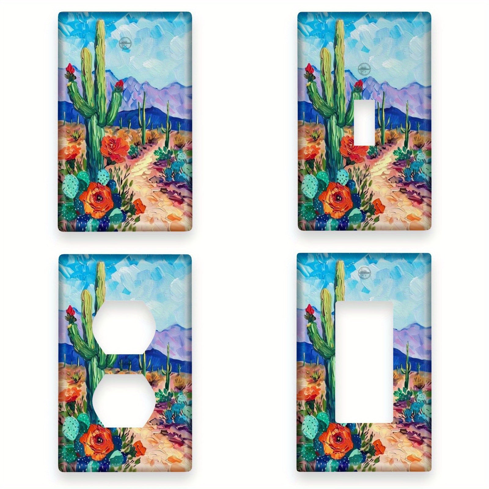 Cactus Wall Art Panels with Light Switch Cover for Bedroom or Kitchen Decor