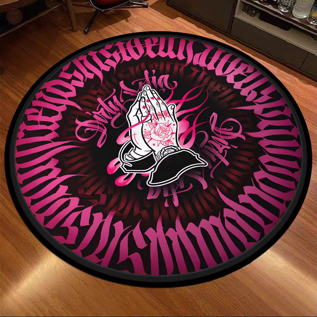 Pink Velvet Round Floor Mat with Praying Hands Design, Non-Slip, 6mm Thick