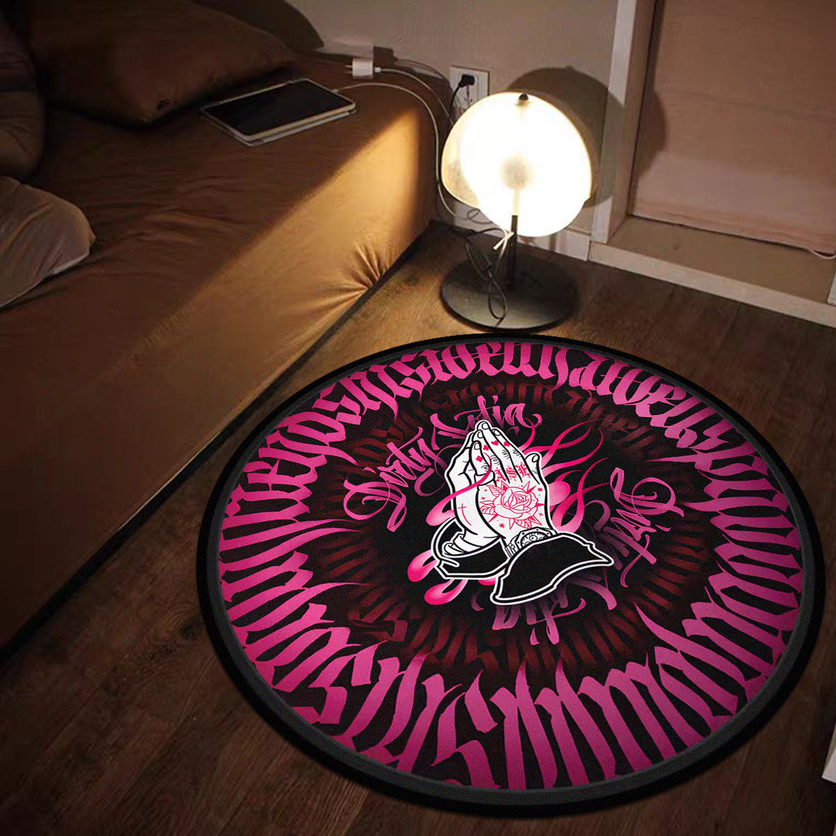 Pink Velvet Round Floor Mat with Praying Hands Design, Non-Slip, 6mm Thick