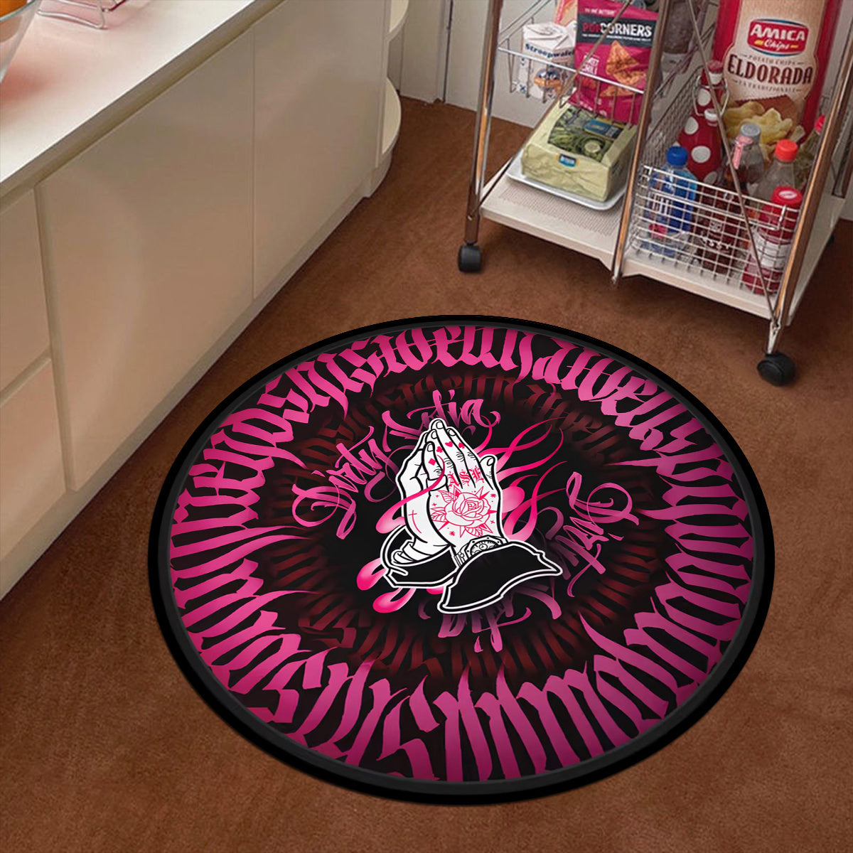 Pink Velvet Round Floor Mat with Praying Hands Design, Non-Slip, 6mm Thick