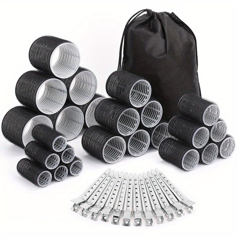 37-Piece Hair Styling Kit with 24 Self-Grip Curling Rollers 4 Sizes Clips and Storage Bag