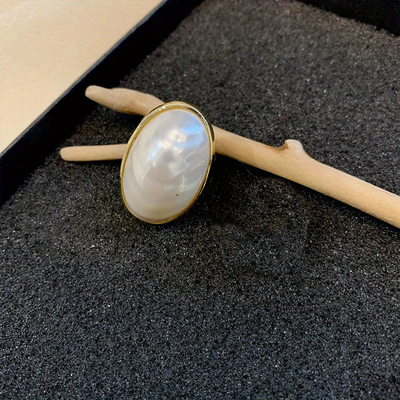 Zamonaviy Geometrik Usulda Stylish Faux Pearl Ring - Moslashuvchan O'lchov, Maxsus Tadbirlar Uchun Ideal, Ellips Shakli, Ochiq Shank, Trendy Aksessuar, Model J213