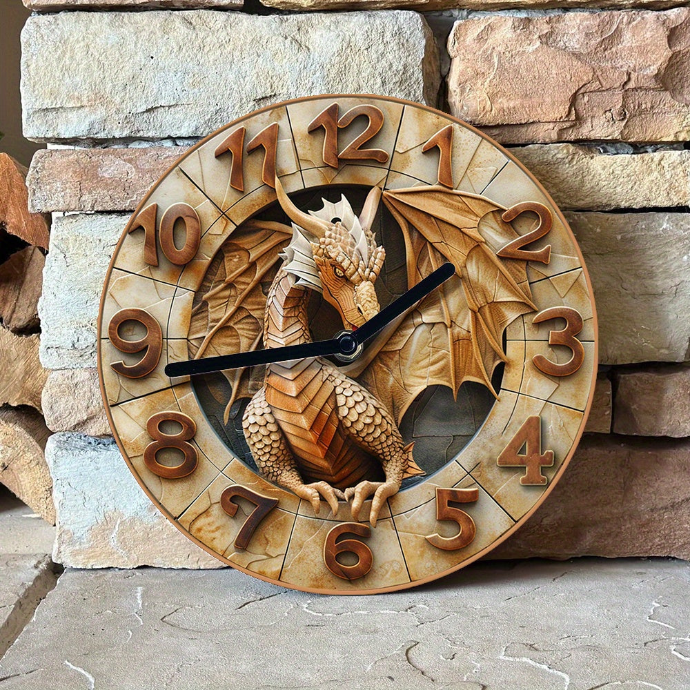 Ajdaho mavzusidagi devor soati, 20.32x20.32 sm, alyuminiy 3D effektlari bilan, oltin qo'llar va raqamlar, uy hayvonlari sevuvchilar va 14-fevral sovg'alari uchun ideal, kuzki kvartira bezaklari.