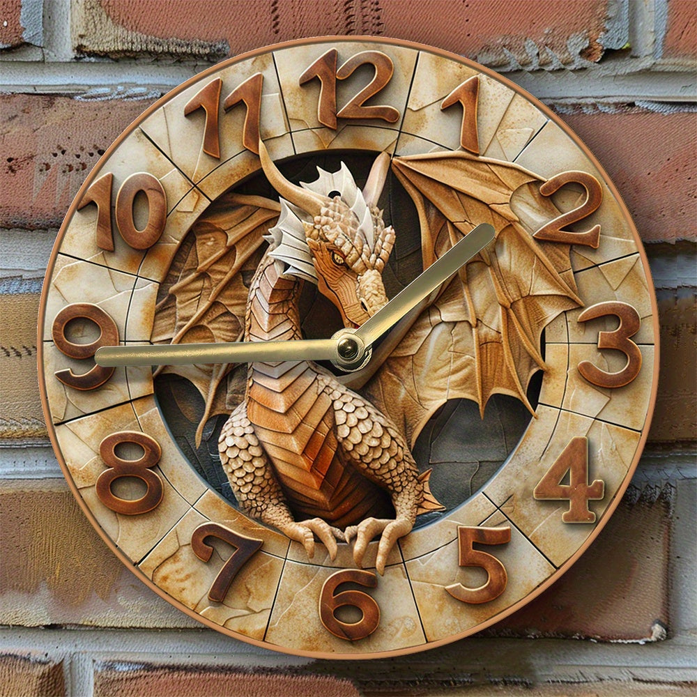 Dragon Wall Clock 20.32cm Aluminum 3D Effects Gold Hands Pet Lover Gift Autumn Decor