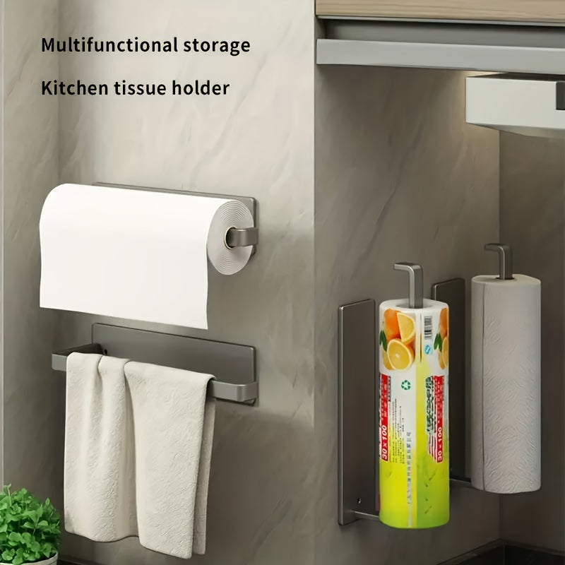 Wall-Mounted Storage Rack with Cling Film and Paper Towel Holders for Kitchen Bathroom