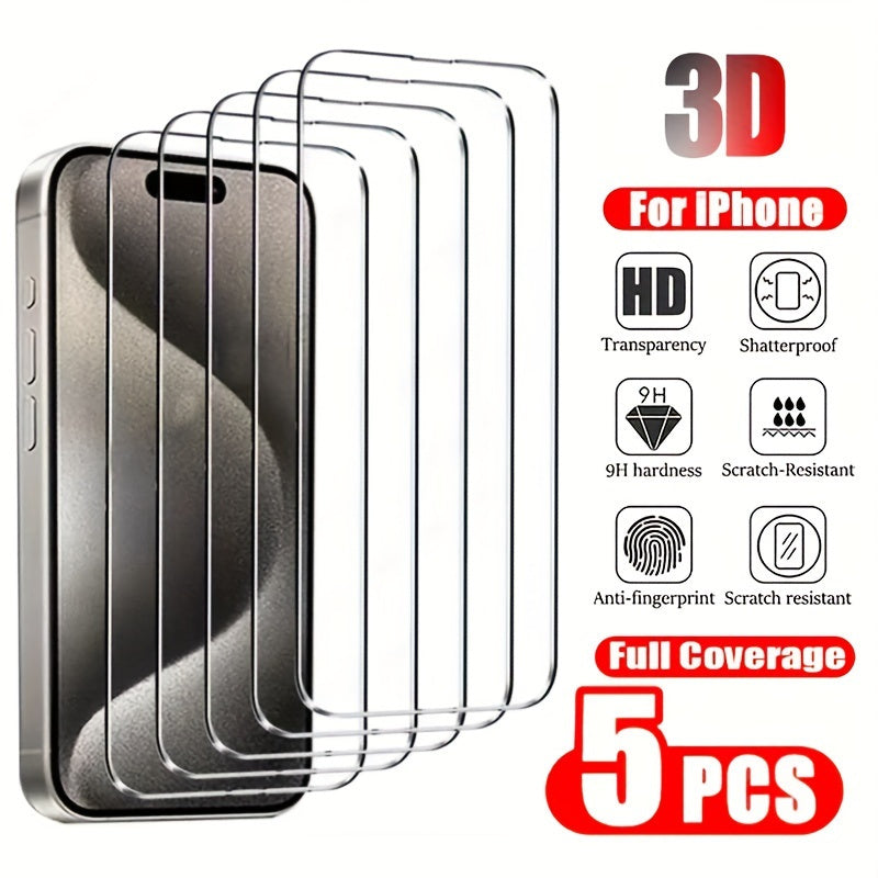 Set of 5 3D Tempered Glass Screen Protectors for iPhone Models 6 to 14 Pro Max Full Coverage HD Clear Shatterproof