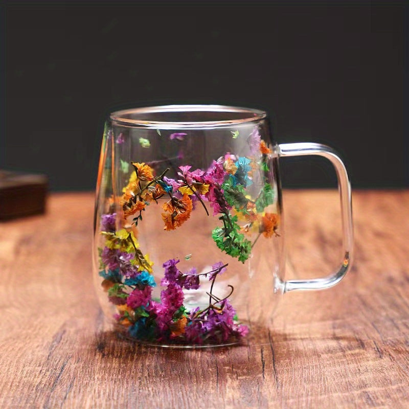 Double-Walled Glass Coffee Mug with Real Flower Design for Hot Cold Beverages