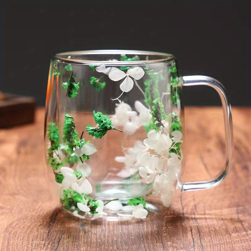 Double-Walled Glass Coffee Mug with Real Flower Design for Hot Cold Beverages