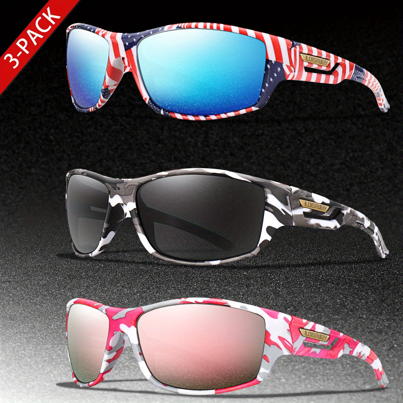 Set of 3 Camo Military Style Polarized Men's Sports Glasses for Cycling Running Fishing Driving