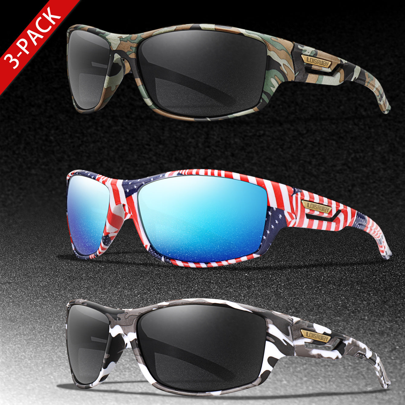 Set of 3 Camo Military Style Polarized Men's Sports Glasses for Cycling Running Fishing Driving