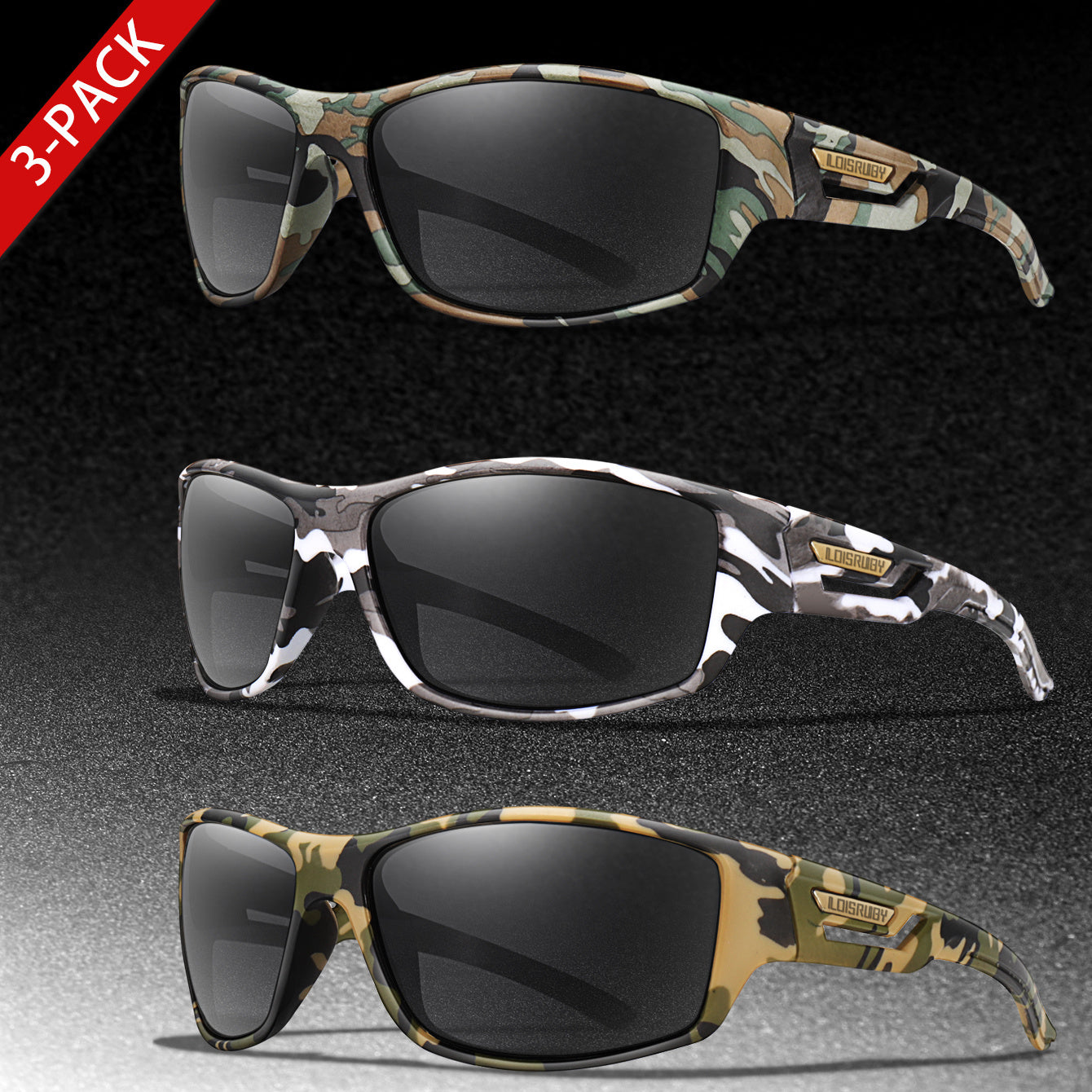Set of 3 Camo Military Style Polarized Men's Sports Glasses for Cycling Running Fishing Driving