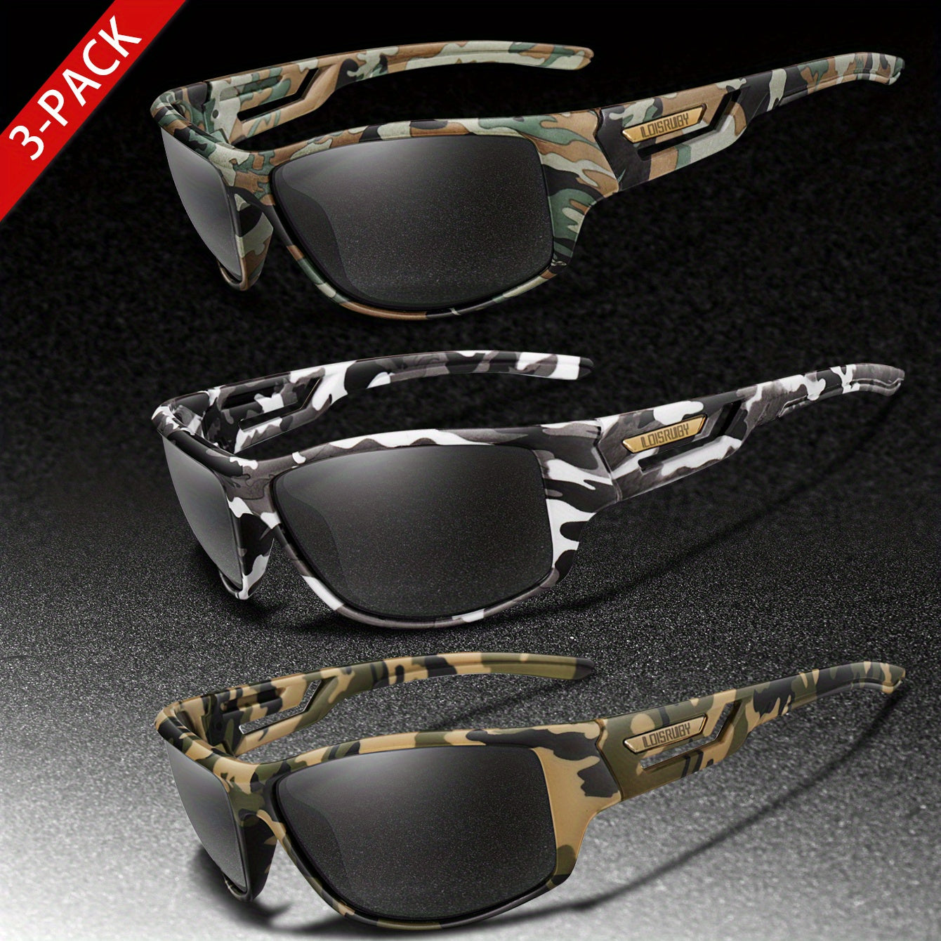 Set of 3 Camo Military Style Polarized Men's Sports Glasses for Cycling Running Fishing Driving