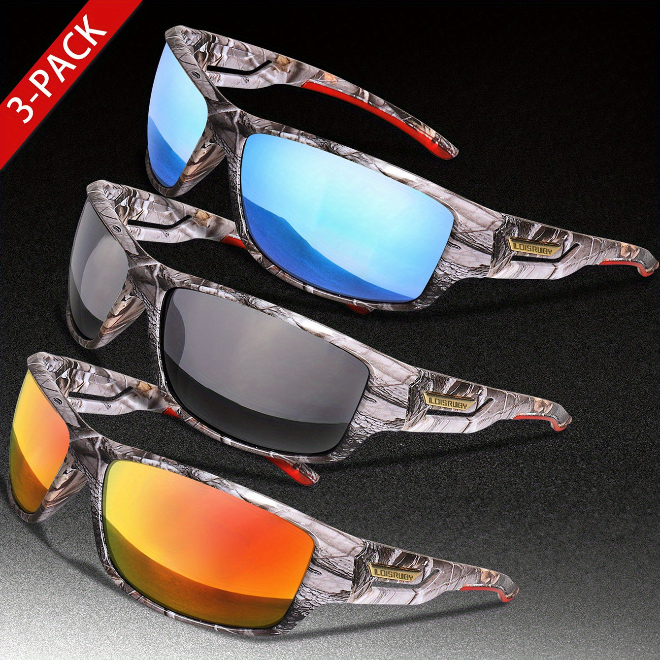Set of 3 Camo Military Style Polarized Men's Sports Glasses for Cycling Running Fishing Driving