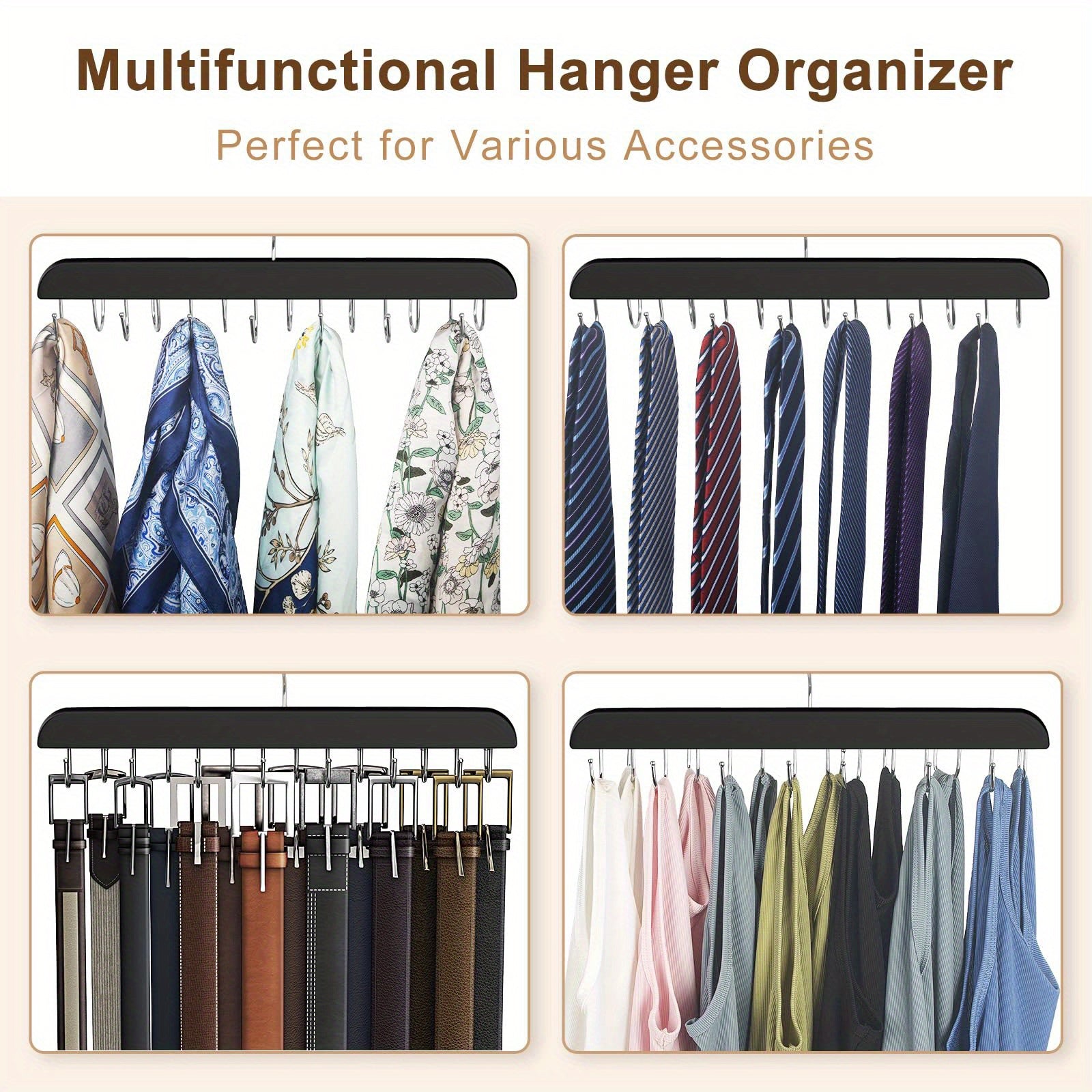 Wooden Belt Hanger with Multiple Hooks for Ties Scarves and Closet Organization