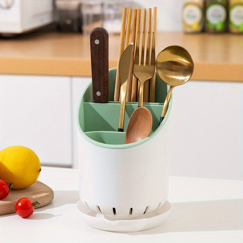 Durable Plastic Utensil Holder with Draining Tray Dual-Layer Kitchen Organizer