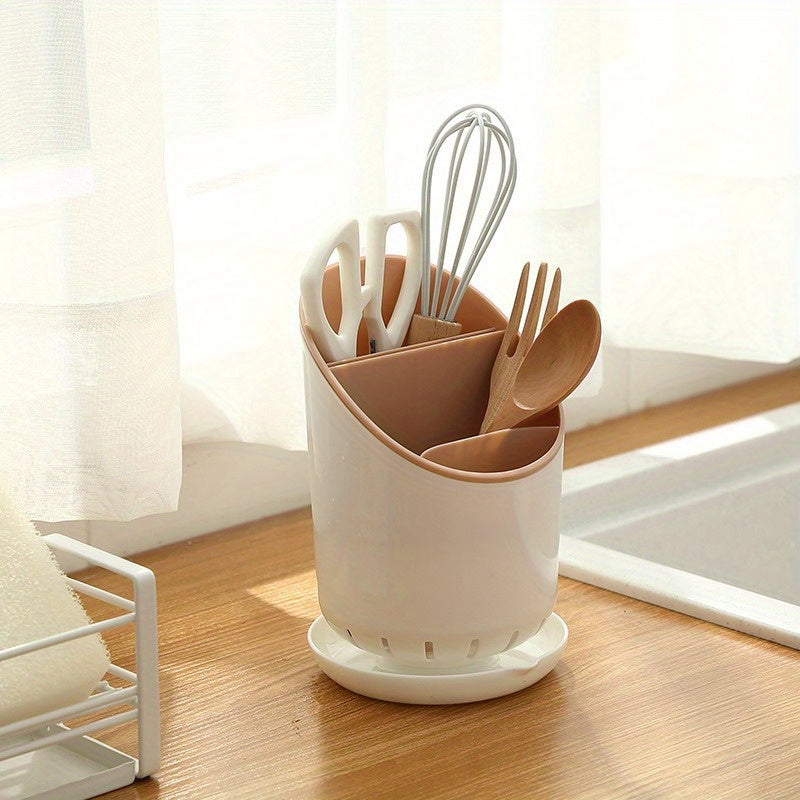 Durable Plastic Utensil Holder with Draining Tray Dual-Layer Kitchen Organizer