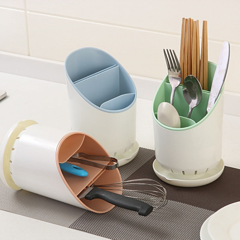 Durable Plastic Utensil Holder with Draining Tray Dual-Layer Kitchen Organizer