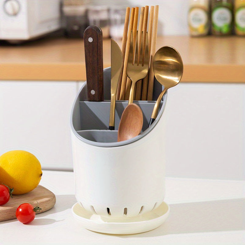 Durable Plastic Utensil Holder with Draining Tray Dual-Layer Kitchen Organizer