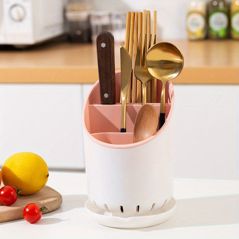 Durable Plastic Utensil Holder with Draining Tray Dual-Layer Kitchen Organizer