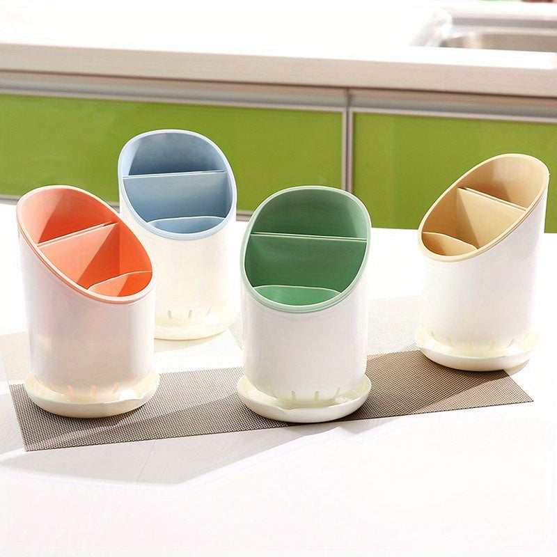 Soporte para utensilios de plástico con diseño de doble capa y bandeja de drenaje para organización de cocina