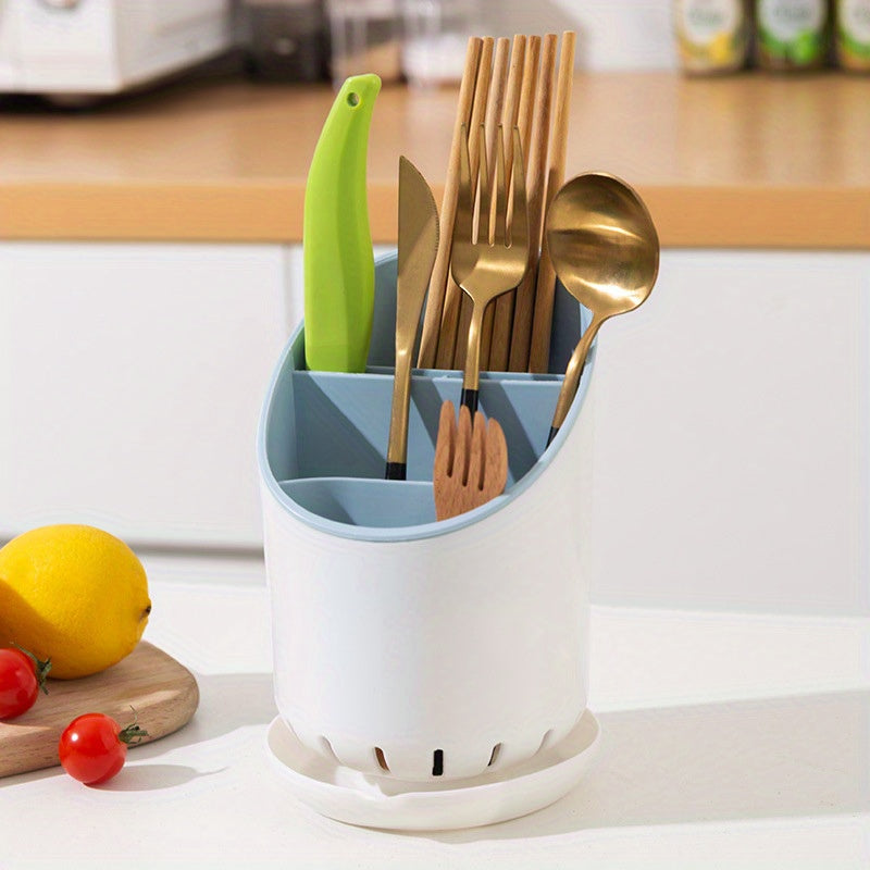 Durable Plastic Utensil Holder with Draining Tray Dual-Layer Kitchen Organizer