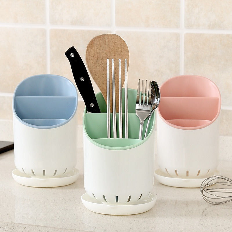Soporte para utensilios de plástico con diseño de doble capa y bandeja de drenaje para organización de cocina