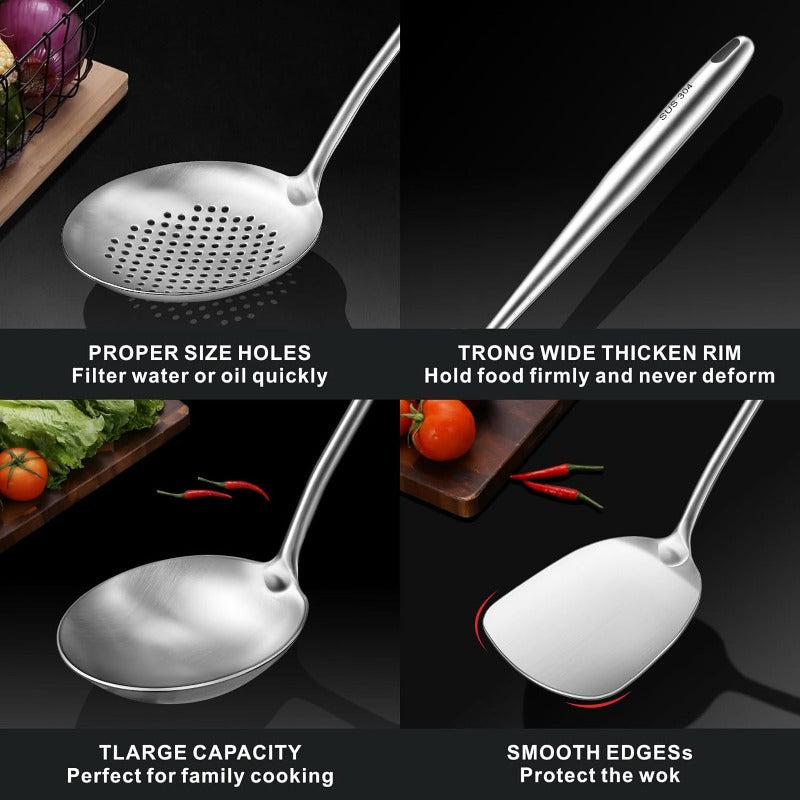 Stainless Steel Kitchen Utensil Set with Ladle Wok Spatula Fish Spatula