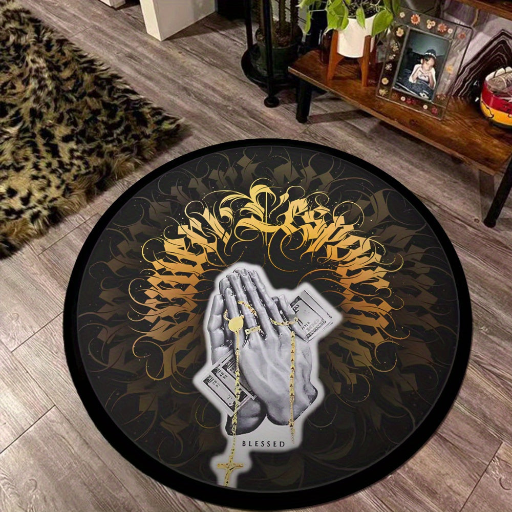 Round Velvet Rug Pad with Gold Gothic Font Non-Slip Entryway Doormat