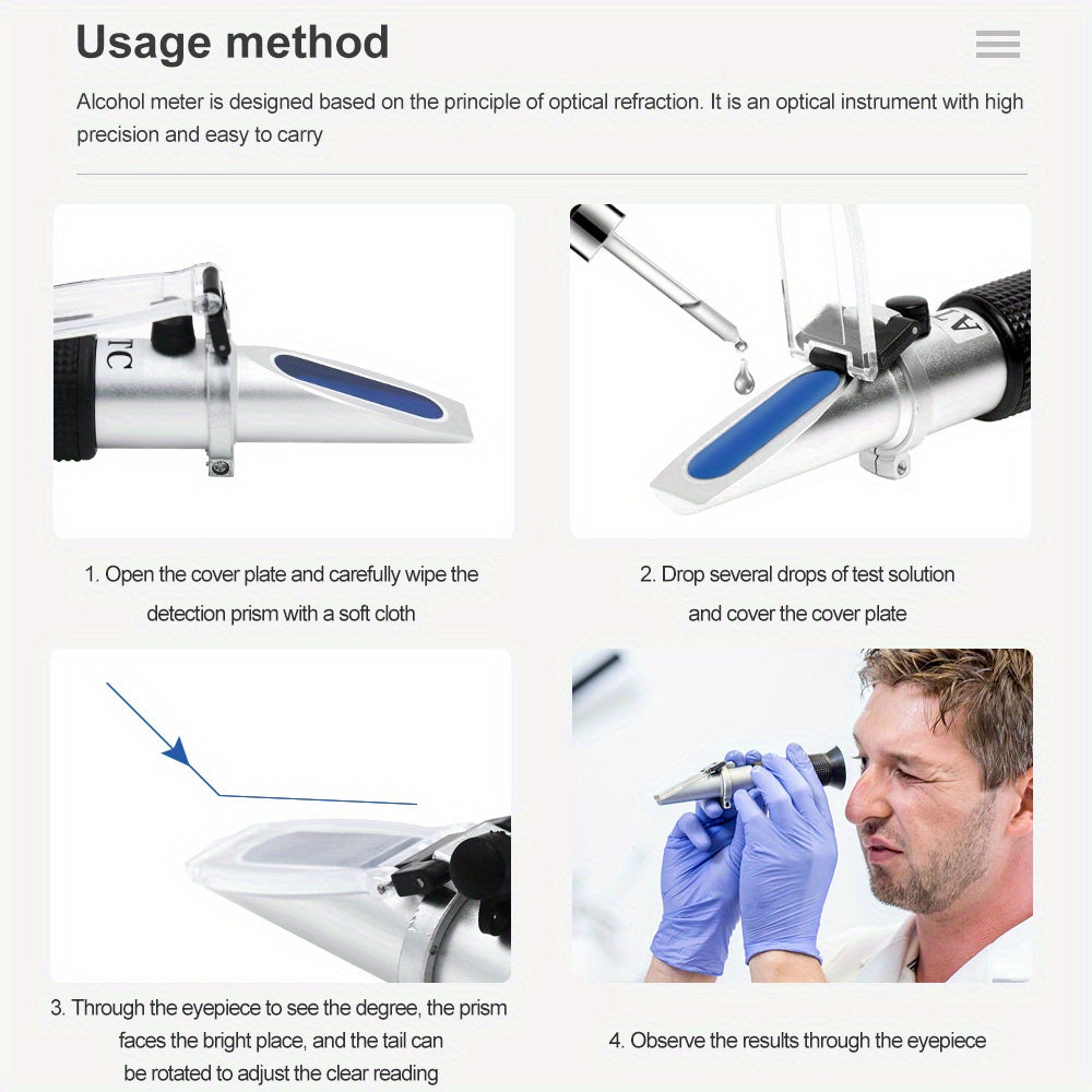 Spirtli ichimliklar uchun alkogol refraktometr, viski, vodka, etanol konsentratsiyasi, ikki o'lchovli, avtomatik harorat kompensatsiyasi