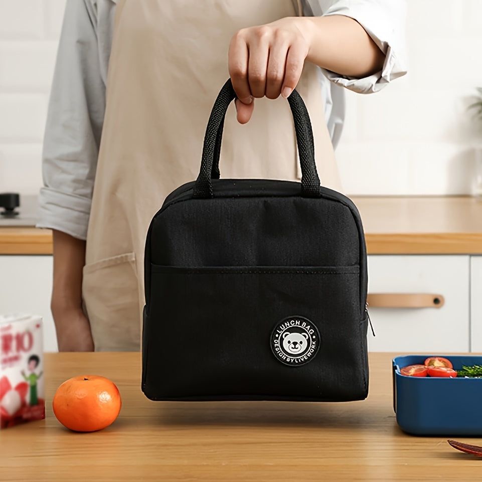 Black Oxford Fabric Lunch Bag Zippered Bento Satchel for Women