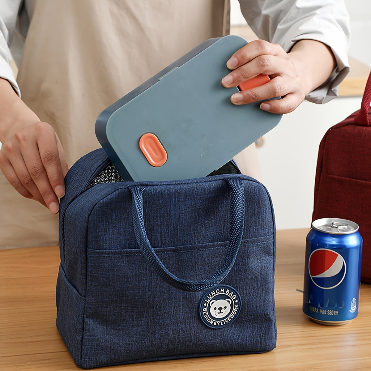 Black Oxford Fabric Lunch Bag Zippered Bento Satchel for Women