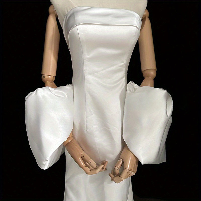 White Satin Bridal Shawl with Bubble Sleeves for Wedding Photography