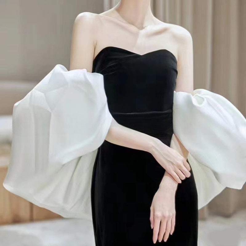 White Satin Bridal Shawl with Bubble Sleeves for Wedding Photography