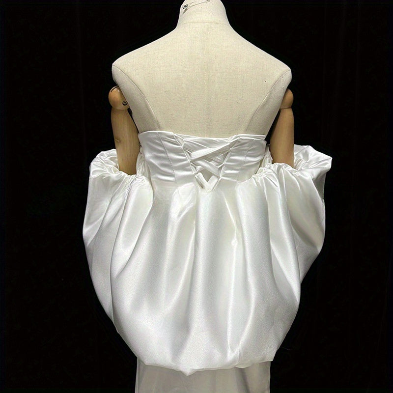 White Satin Bridal Shawl with Bubble Sleeves for Wedding Photography