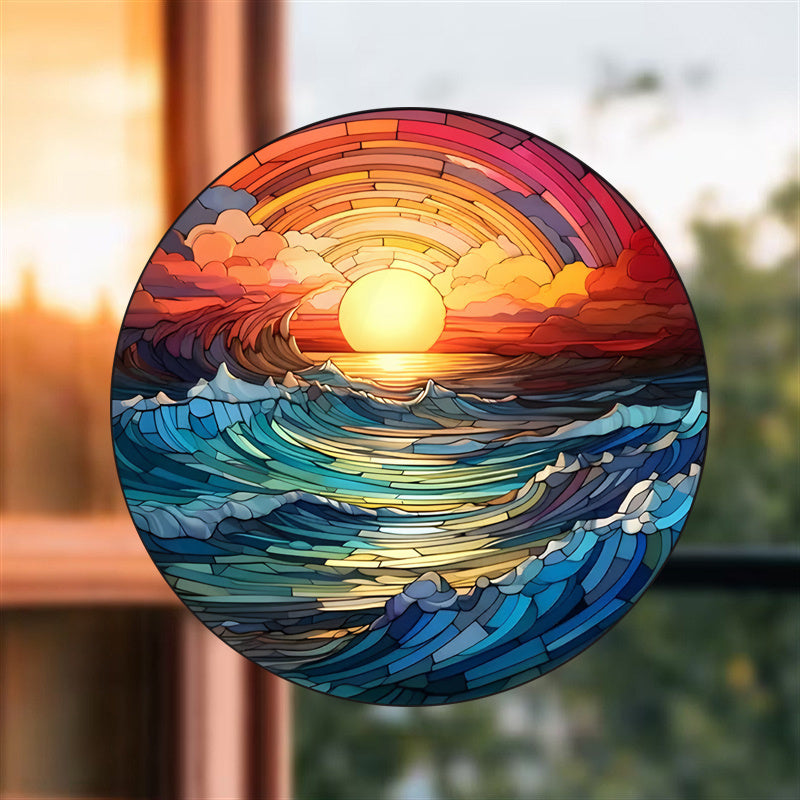 Ocean Sunset and Sunrise Vinyl Window Decal, Reusable Glass Film, Artistic Wave Pattern