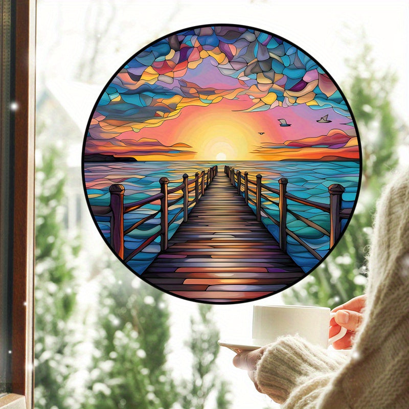 Ocean Sunset and Sunrise Vinyl Window Decal, Reusable Glass Film, Artistic Wave Pattern