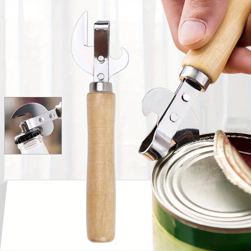 Multi-Functional Can and Bottle Opener with Wooden Handle and Stainless Steel Tin Opener