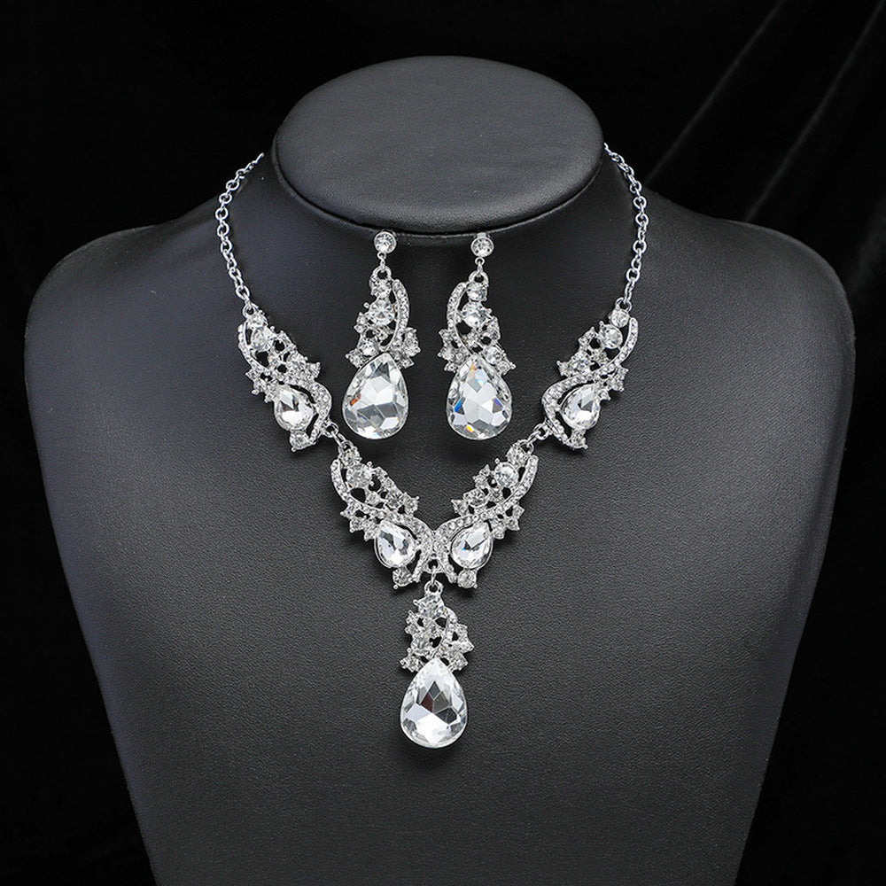 Vintage Charm Gem Necklace and Earrings Set for Brides Wedding Jewelry 3 Pieces