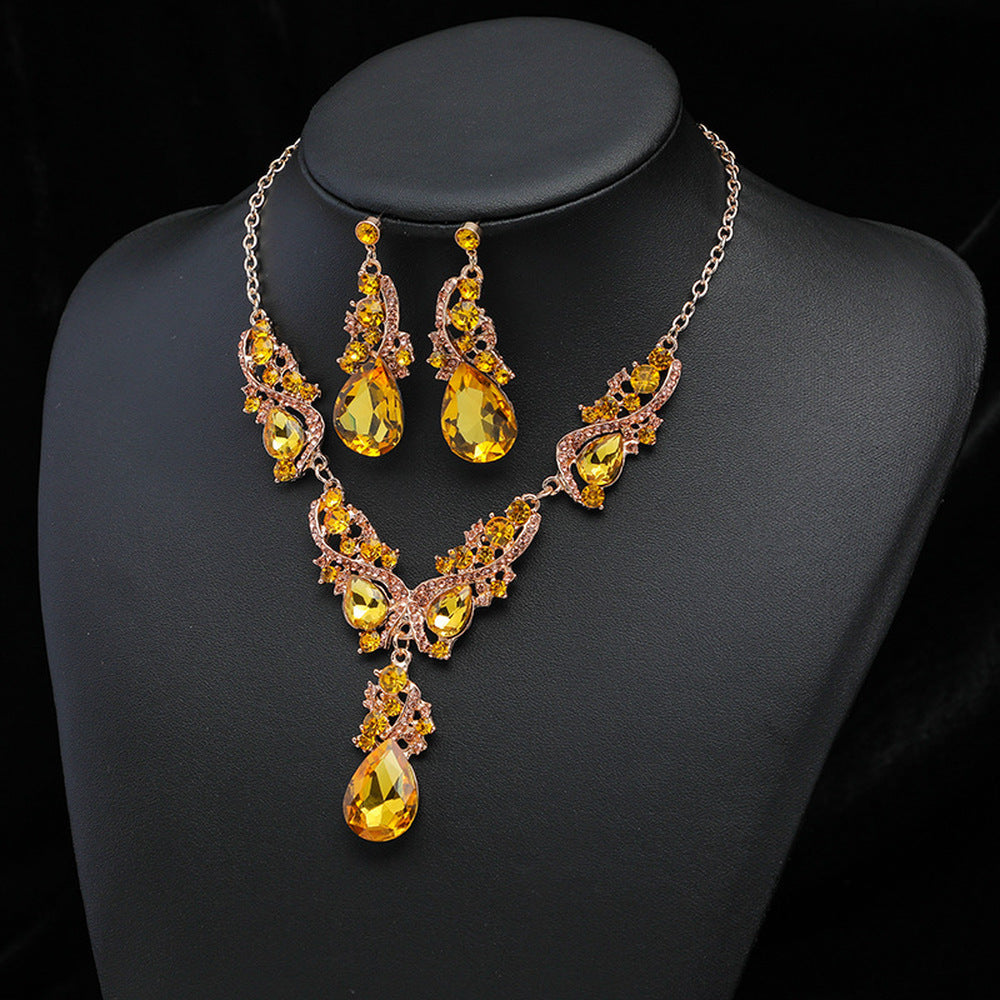 Vintage Charm Gem Necklace and Earrings Set for Brides Wedding Jewelry 3 Pieces