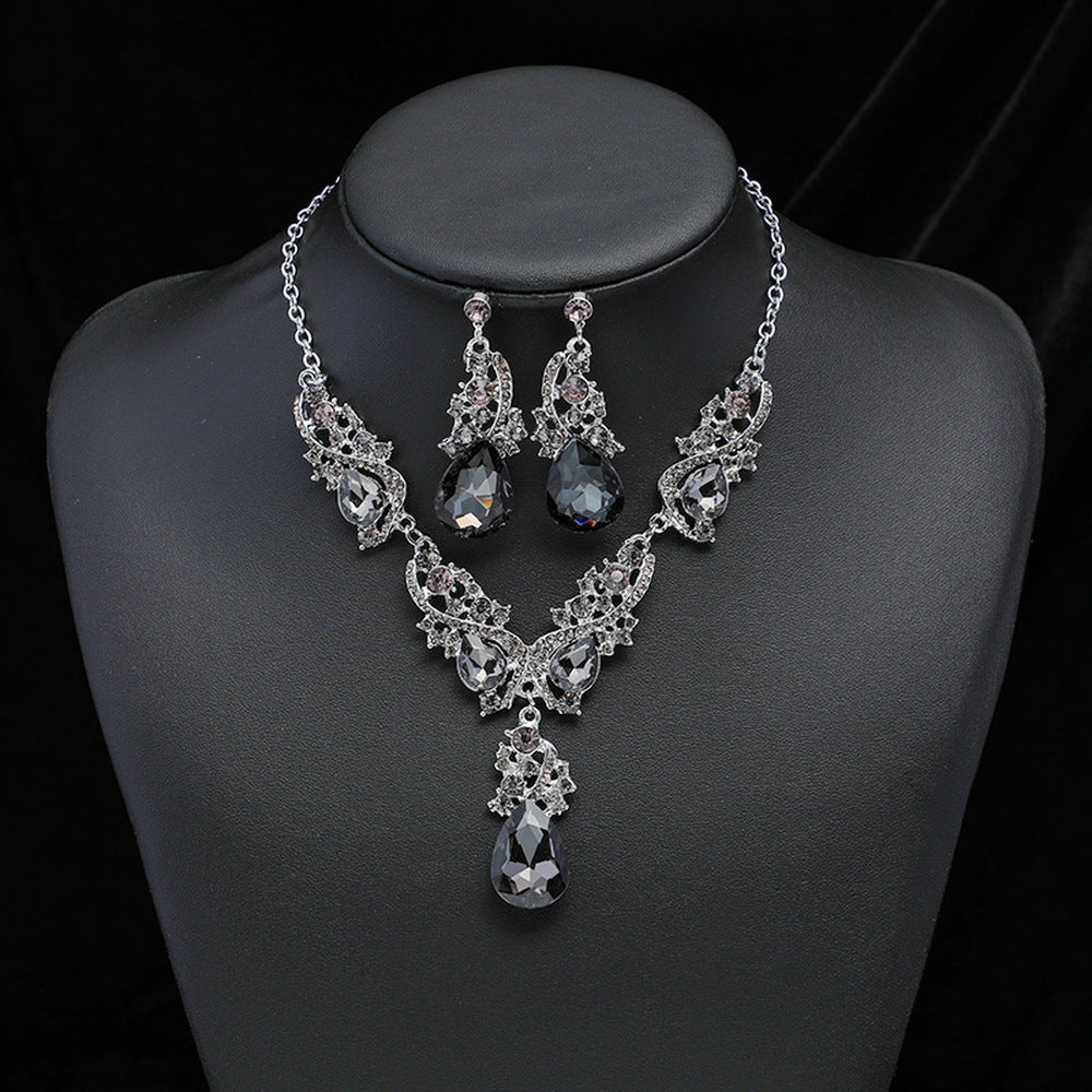 Vintage Charm Gem Necklace and Earrings Set for Brides Wedding Jewelry 3 Pieces